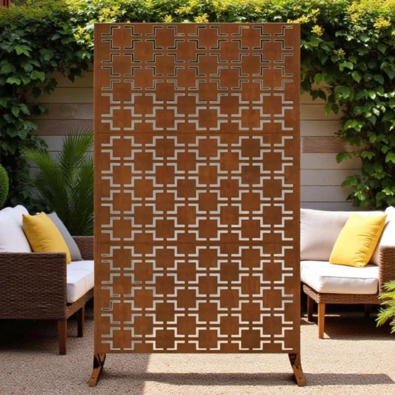 Nicoman Outdoor Privacy Screen Panel, Decorative Metal Garden Divider, Geometric Pattern, Freestanding Room Partition for Patio, Deck, Backyard (Rust - Square, 180 x 120 cm)