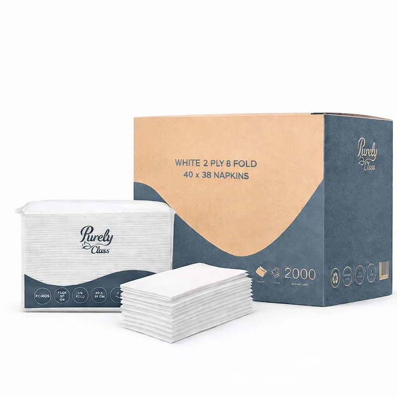 Purely Class 2‑Ply White Napkins 40cm x 38cm, 8‑Fold Dinner & Catering Paper Napkins – Premium Soft, Absorbent Table Napkins for Restaurants, Events, Parties & Hospitality – Bulk Case of 2000