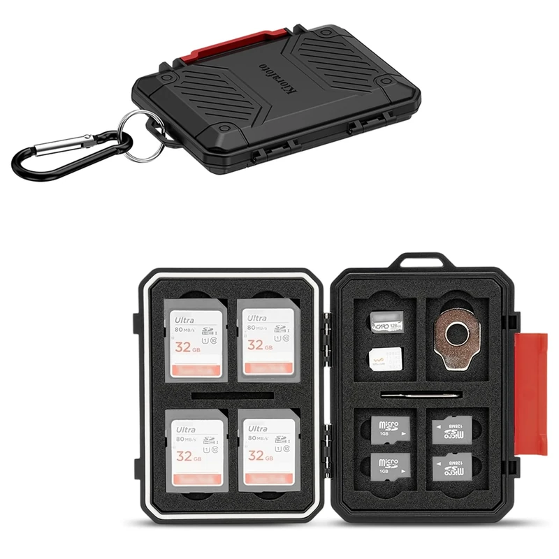 22 Slots SD MicroSD Memory Card Case, IP67 Waterproof Anti-Shock Memory Card Holder for 8 SD SDHC SDXC Cards, 12 MicroSD TF MSD Cards, 2 Nano SIM Storage Carrying Case - Black