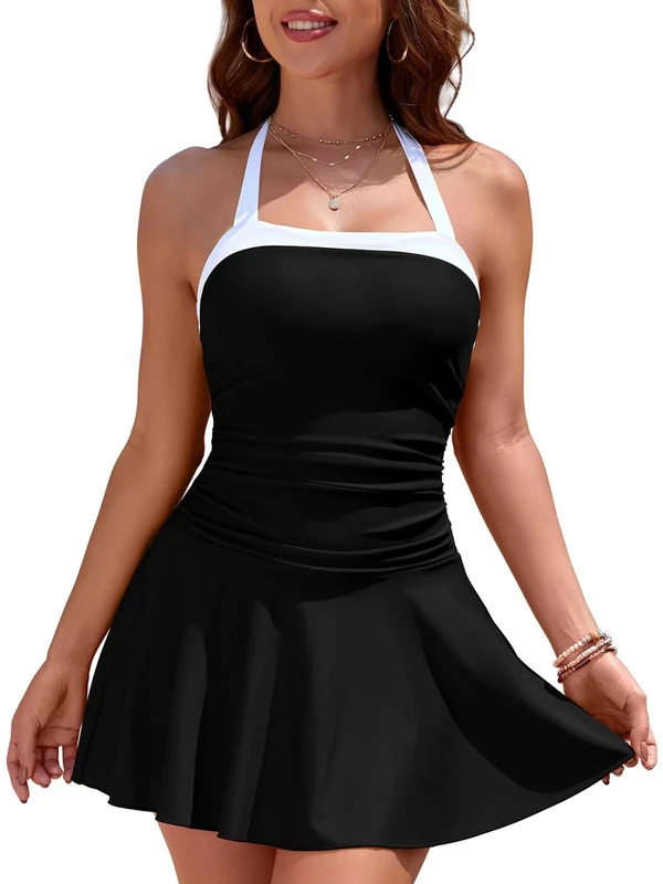 SHEKINI Ladies Swimming Costumes Halter Neck One Piece Swim Dress Tummy Control Swimsuit Ruched Swimwear Bathing Suit