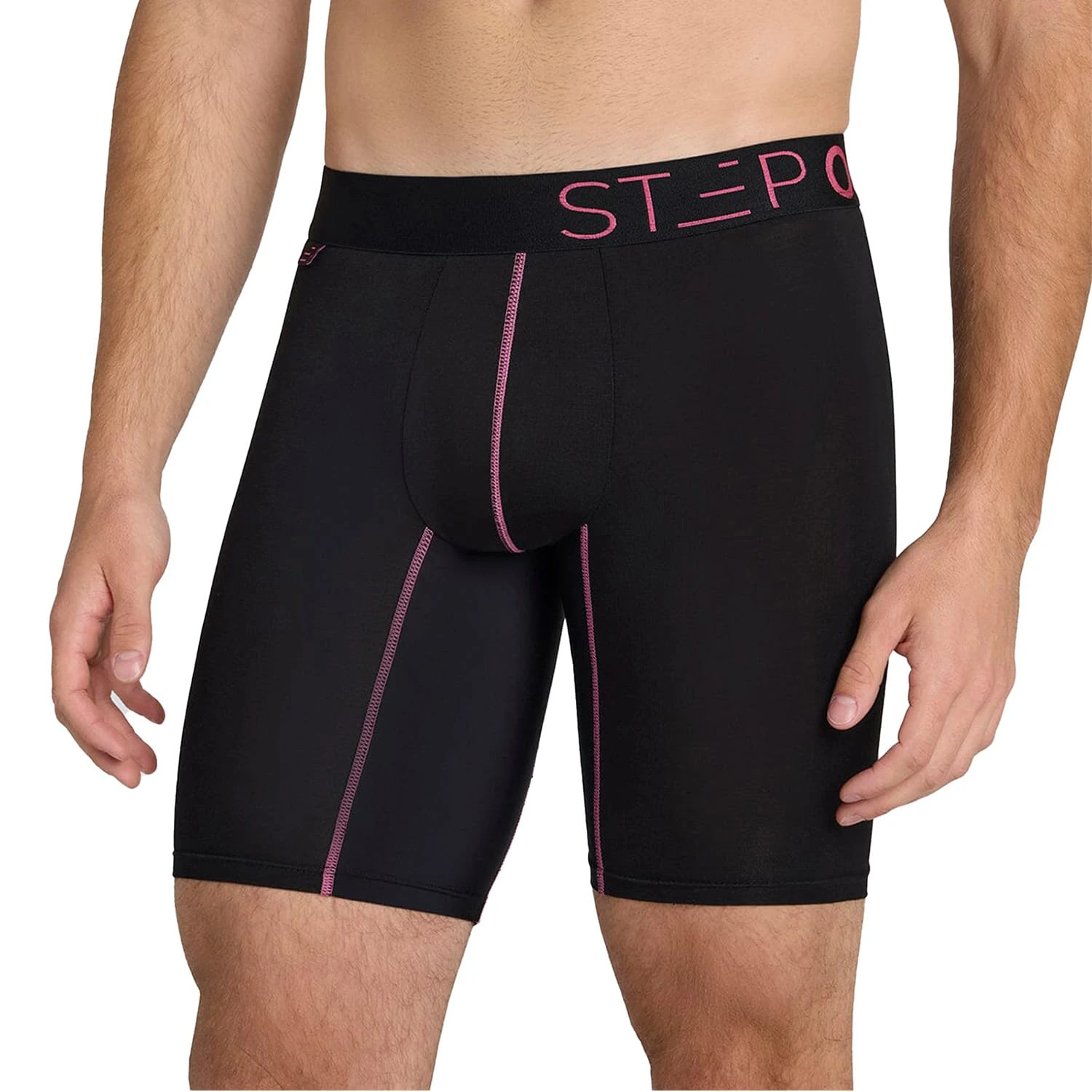 STEP ONE Boxer Brief Sport. Longer Length Mens Boxers Shorts with 3D Pouch, Anti Chafing Underwear Mens, Breathable Bamboo, All-Day Comfort for Sports & Fitness Black and Pink XL