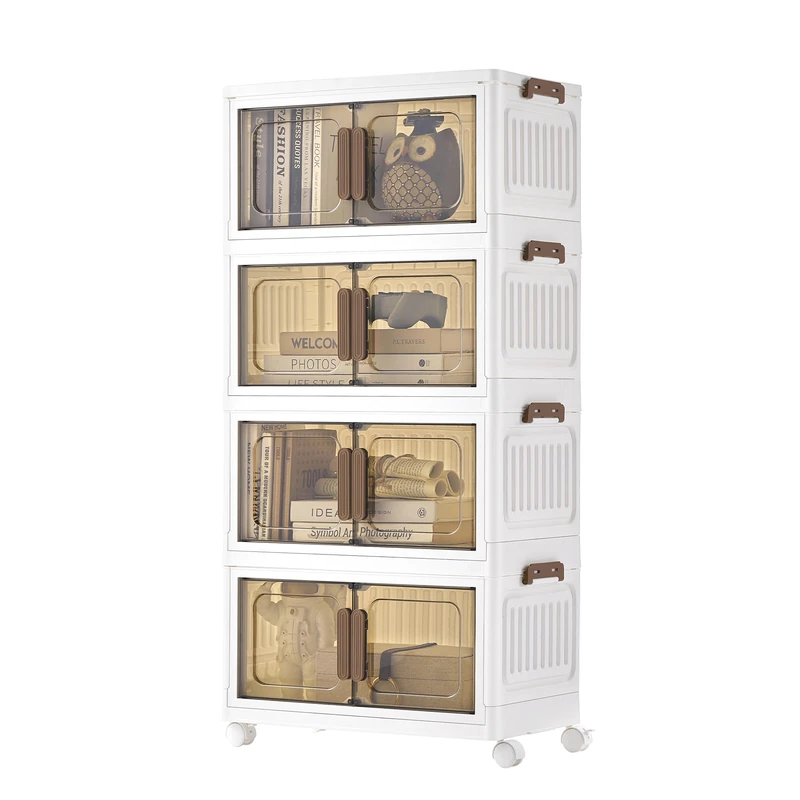 SONGMICS Storage Boxes with Lid, 4-Tier Stackable Organiser with 1 Lid, Plastic Storage Bins on Wheels, Magnetic Door, Home Organisation, White, 25 L per Tier, 100 L Total, RLB445WZ01