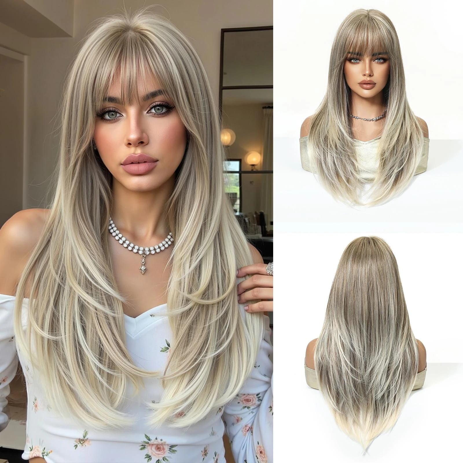 Esmee Long Straight Ash Blonde Wigs for Women with Fringe Natural Synthetic Hair Wig for Daily & Party Use