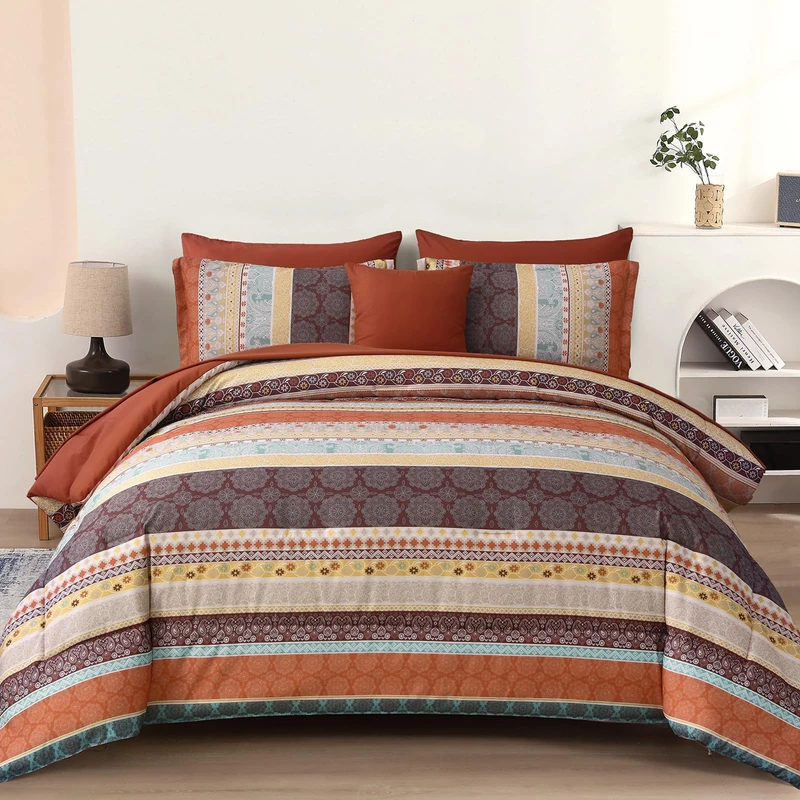 Cottolester Boho Comforter Set King Size,8 Pieces Red and Orange Bohemian Striped Bed in a Bag,Paisley Soft Microfiber Bedding Comforter Set