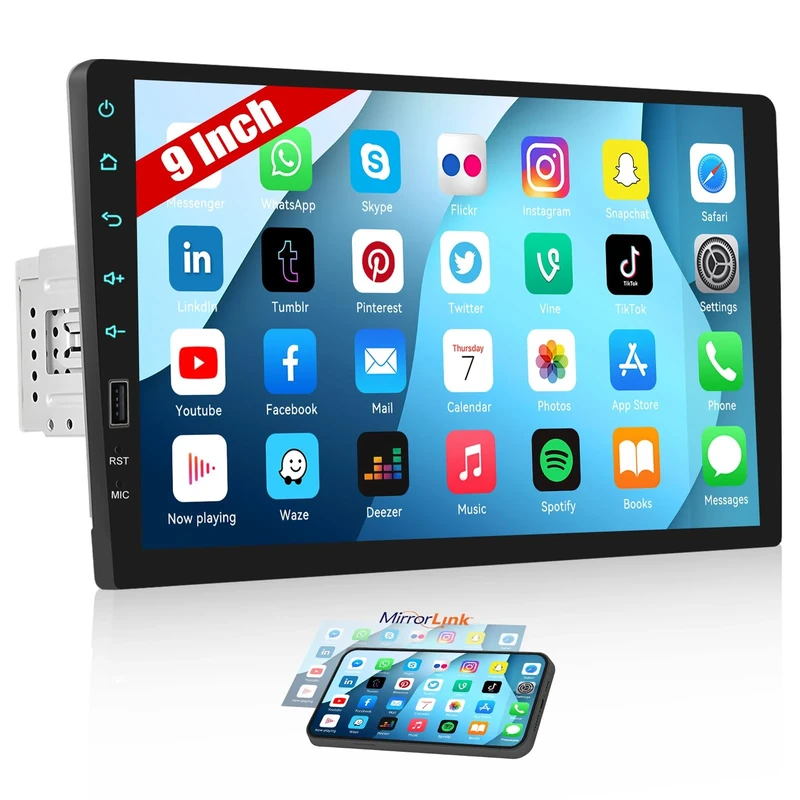 CAMECHO 9 inch Single Din Car Stereo with Bluetooth Hands-Free, Touch Screen Car Radio USB Fast Charging Wired Mirror Link FM Radio EQ SWC 7 Color Light