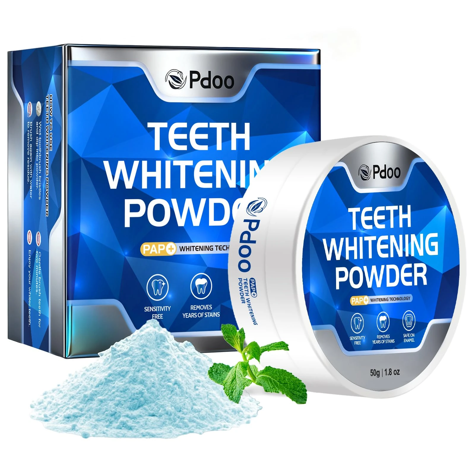 Teeth Whitening Powder PAP+ 50g - Effective Teeth Whitening - Enamel-Safe & Sensitivity-Free & Peroxide-Free - Teeth Whitening Kit that Removes Coffee, Tea, Wine Stains - Mint Flavor - 12 Month Supply