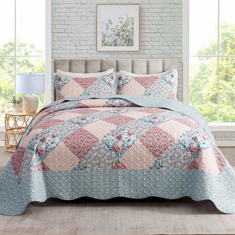 Travan 3-Piece Bedspread Quilt Set Lightweight Coverlet Set Garden Style Floral Printed Oversized Quilted Bedding Set with Shams for All Season, Exquisite, King Size