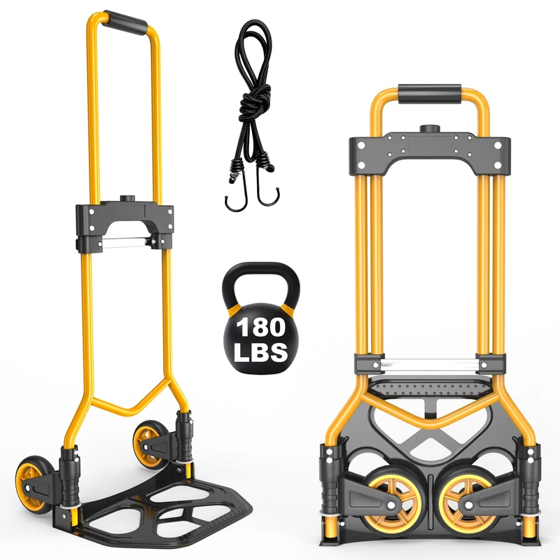 Folding Hand Truck Dolly Cart, 180LBS Portable Aluminum Hand Truck Foldable with Telescoping Handle and Elastic Cord for Luggage, Boxes, Functionality Foldable Dolly for Home, Moving, Black Yellow