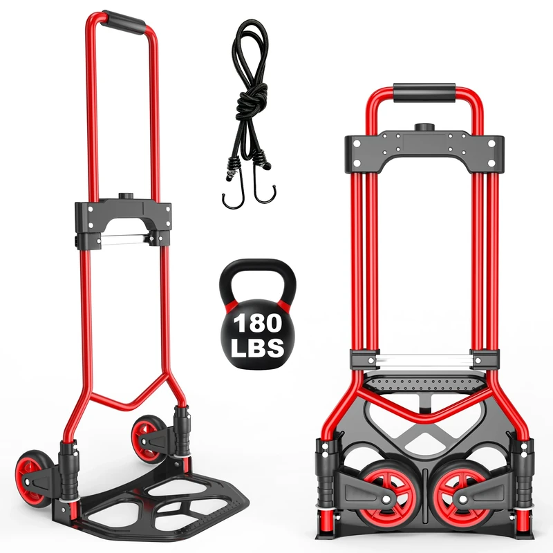 Folding Hand Truck Dolly Cart, 180LBS Portable Aluminum Hand Truck Foldable with Telescoping Handle and Elastic Cord for Luggage, Boxes, Functionality Foldable Dolly for Home, Moving, Black Red