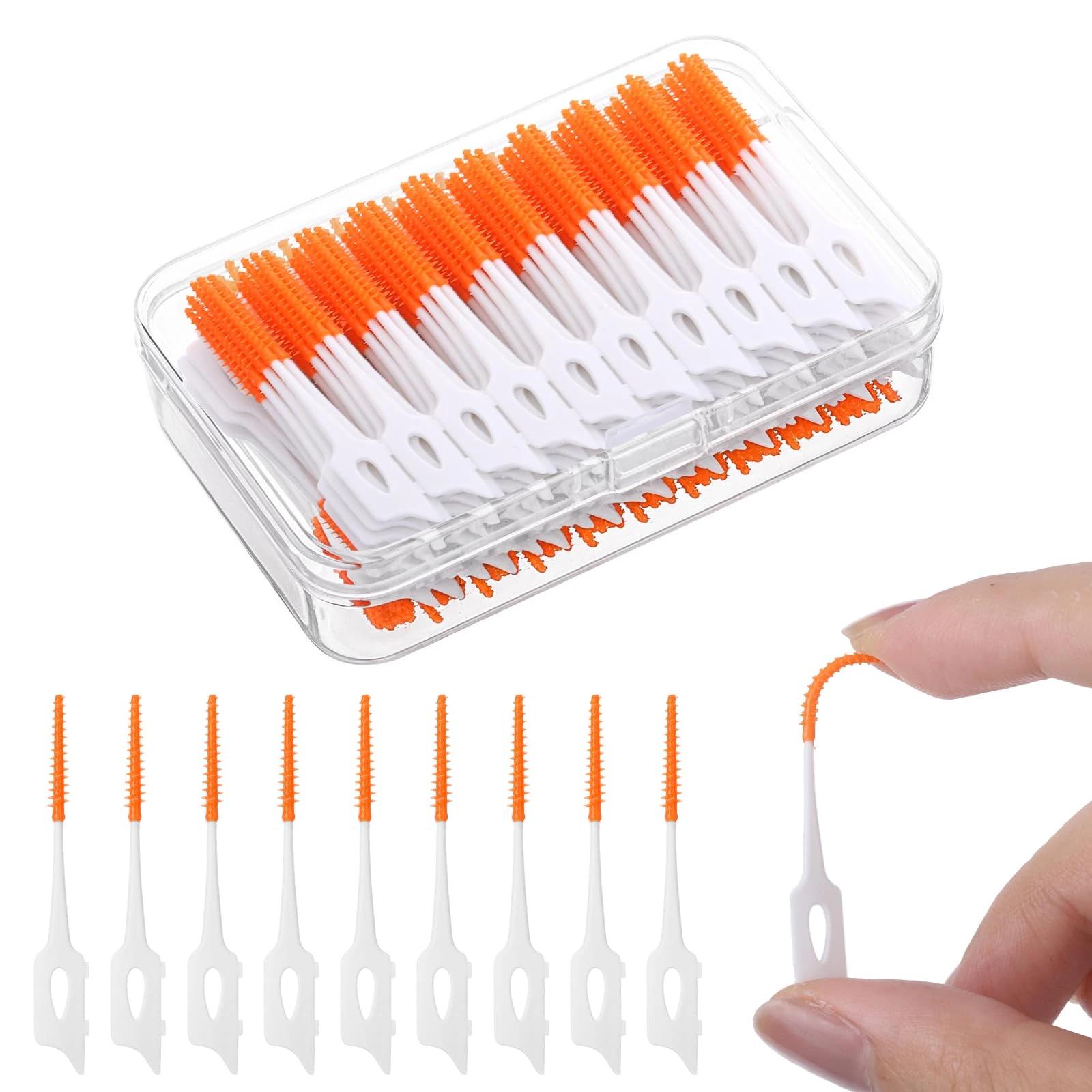 RAYITO 350 Pieces Interdental Brushes, Silicone Dental Brushes 2-in-1 Blue Tooth Floss Picks Teeth Floss Sticks Dental Toothpicks Cleaning Tool for Braces Oral Cleaning(Orange)