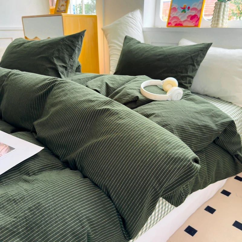 PinkMemory Olive Green Striped Duvet Cover Queen 100% Washed Cotton Dark Green Stripe Duvet Cover Set Full 3pcs Pinstripe Pattern Bedding Set with Zipper Closure Corner Ties,Soft Breathable