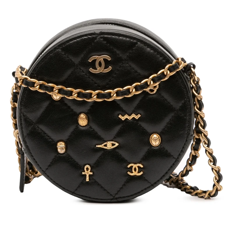 Pre-Loved Quilted Lambskin Egyptian Amulet Charms Round Clutch With Chain Crossbody Bag - Image 1