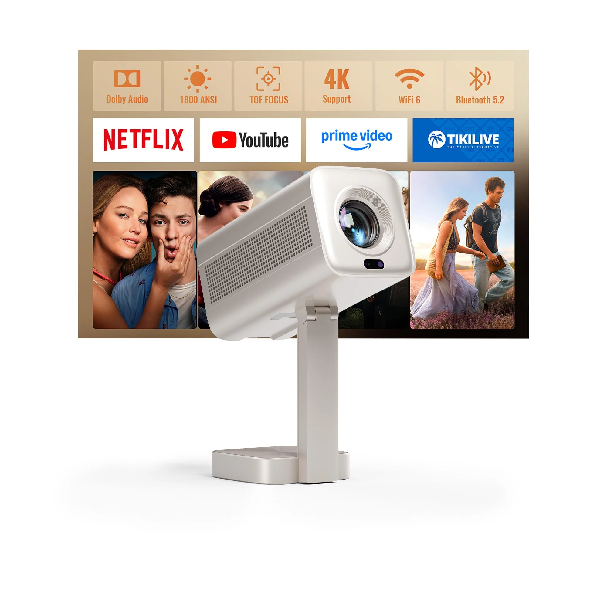 Smart Mini Projector [Compatible with Netflix] 3D Dolby Audio 4K Portable Projector for Bedroom,TOF Auto Focus & Keystone,1800 ANSI,VOPLLS Full HD 1080P WiFi Bluetooth Home Movie Outdoor Projectors