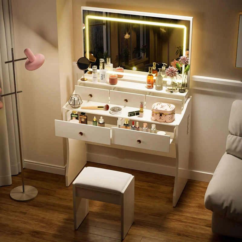 COMHOMA Make-Up Table with Lighting and 5 Drawers, Make-Up Table with Adjustable LED Lighting and Sockets, Dressing Table and Stool, Modern, 40 x 80 x 135 cm (White)