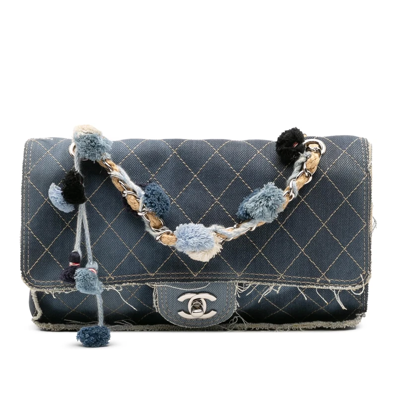 Chanel Pre-Loved Paris Dubai Medium Quilted Denim Pompom Flap Shoulder Bag