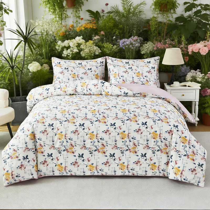 URBONUR 100% Cotton Floral Full Duvet Cover Set 3-Pieces Botanical Bedding