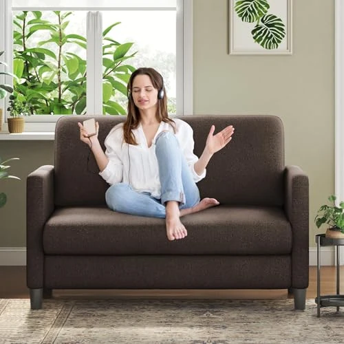 Welzona Two Seater Sofa, Modern 2 Seater Sofa, Teddy Fabric Sofa 2 Seater, Love Seat, Small 2 Seater Sofas for Living Room, Bedroom, Home Office, Studio, Apartment, Brown