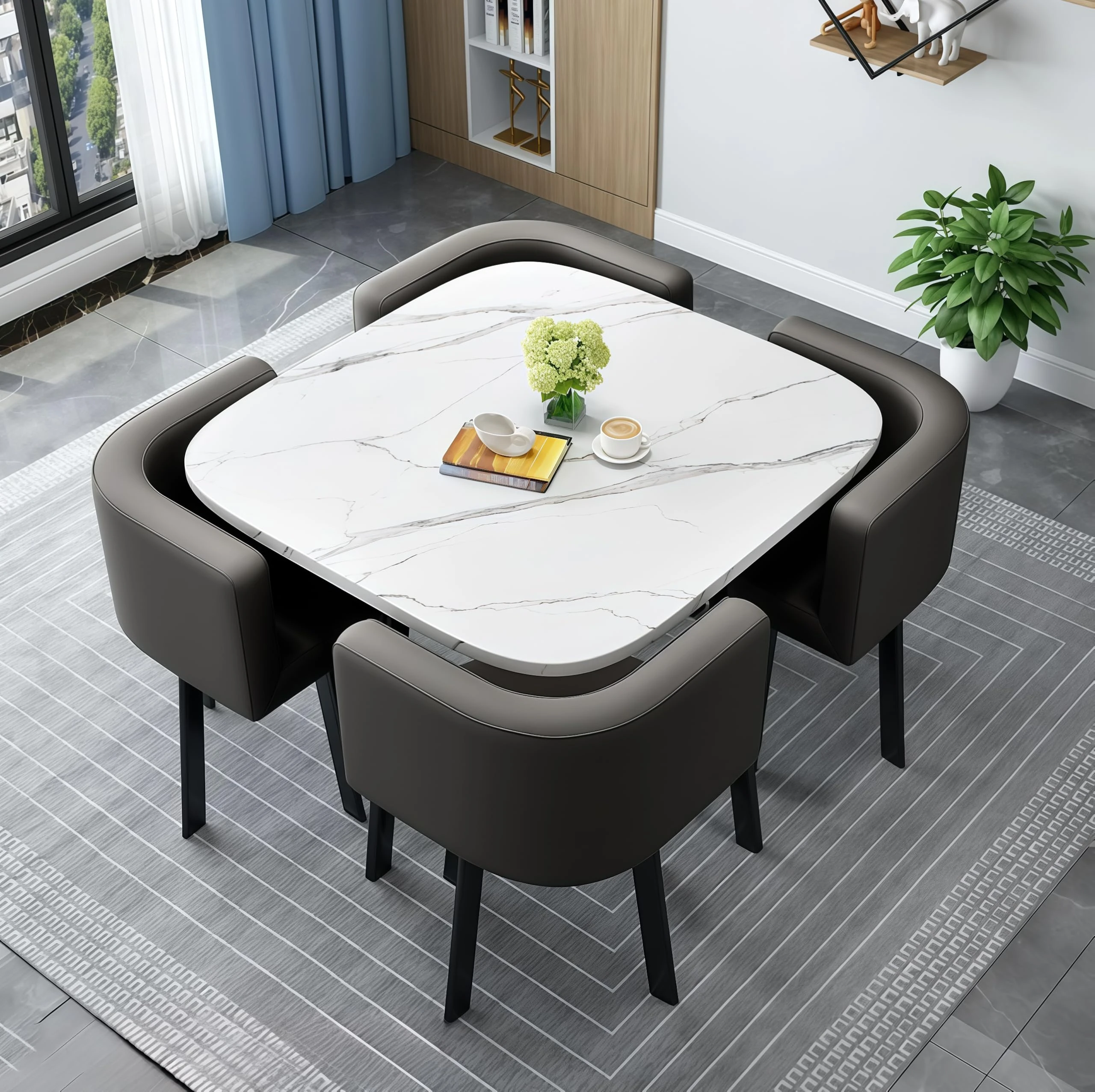 AMZSEW Kitchen Dining Table and Chairs Set 4,Modern Breakfast Bar Table And Chair- Dining Room Sets Back Faux Leather Chair, for Small Spaces Coffee Kitchen meeting table (80CMWHITE)