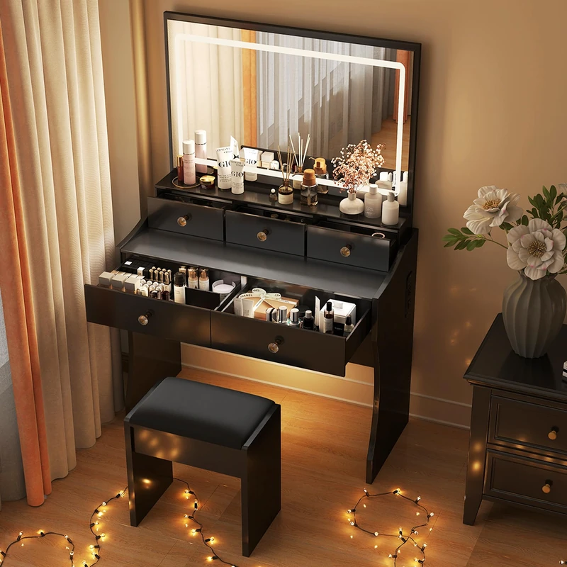 COMHOMA Make-Up Table with Lighting and 5 Drawers, Make-Up Table with Adjustable LED Lighting and Sockets, Dressing Table and Stool, Modern, 40 x 80 x 135 cm, Black