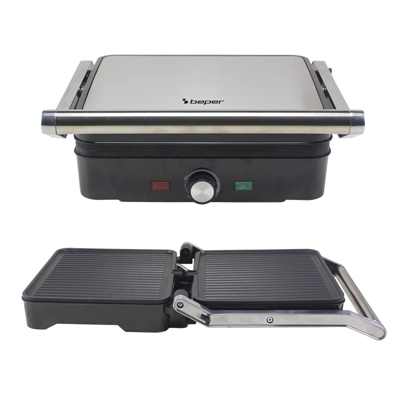 BEPER P101TOS503 Grand 3-in-1 Multifunction Electric Steak Pan, Panini Griddle, and Barbecue Grill +28x25 cm Plates, Aluminium, 2000 W, Black