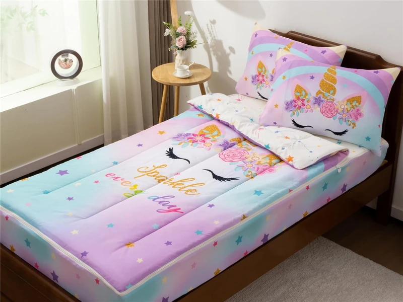 NTBED Unicorn Printed Zipper Bedding Sets Twin for Kids Girls Lightweight Microfiber Floral Rainbow Comforter Set with Fitted Sheet Pillow Covers,Blue Purple