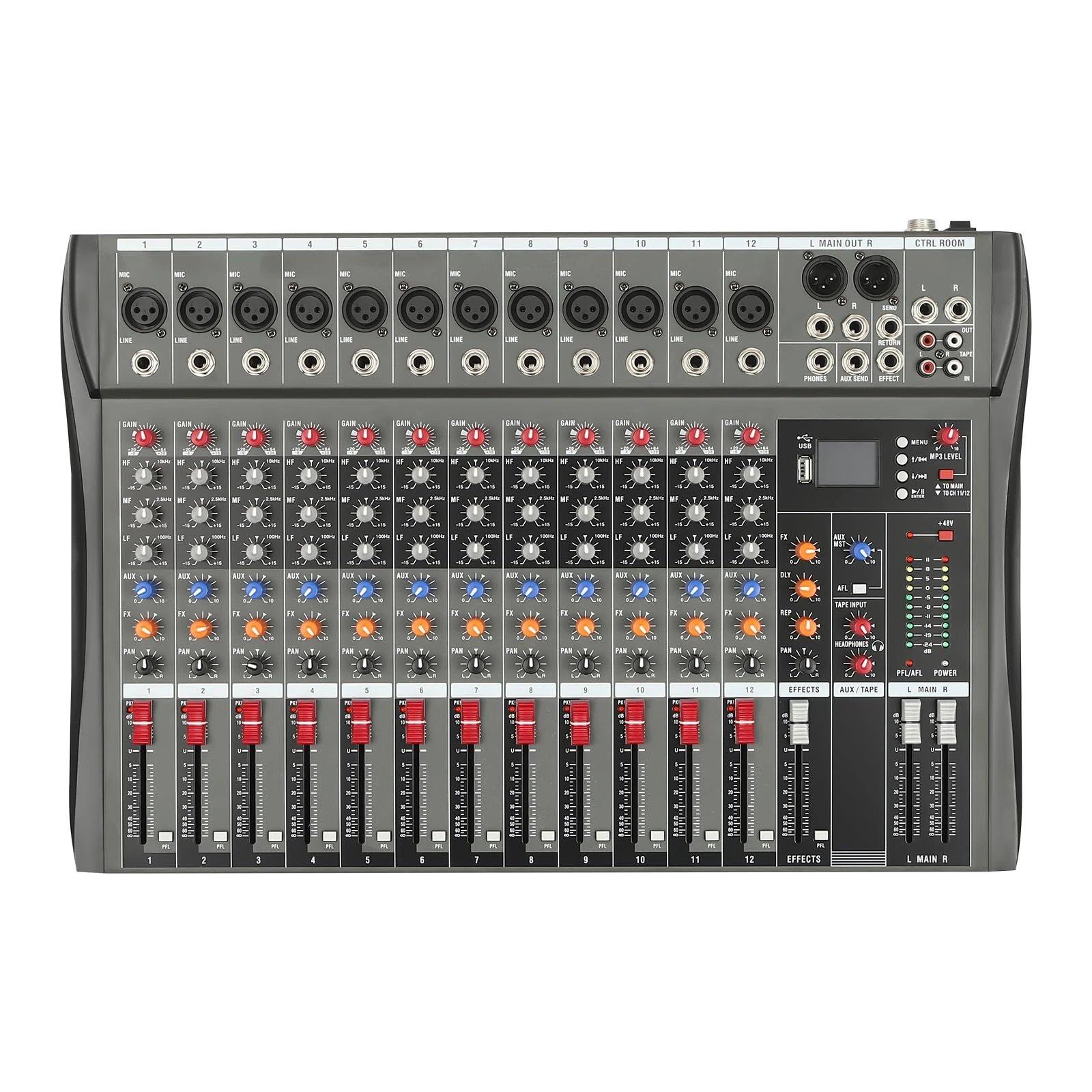 12 Channel Audio Mixer, Sound Mixing Console, DJ Mixer with USB interface, 48V phantom power, RCA Input Output, for Home KTV, Stage Performance, Recording Studio