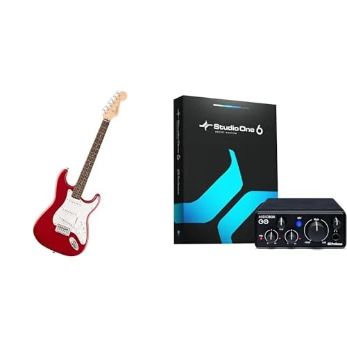 Squier by Fender Debut Stratocaster Guitar Recording Bundle, Dakota Red, with PreSonus AudioBox GO USB-C Audio Interface and Software Bundle