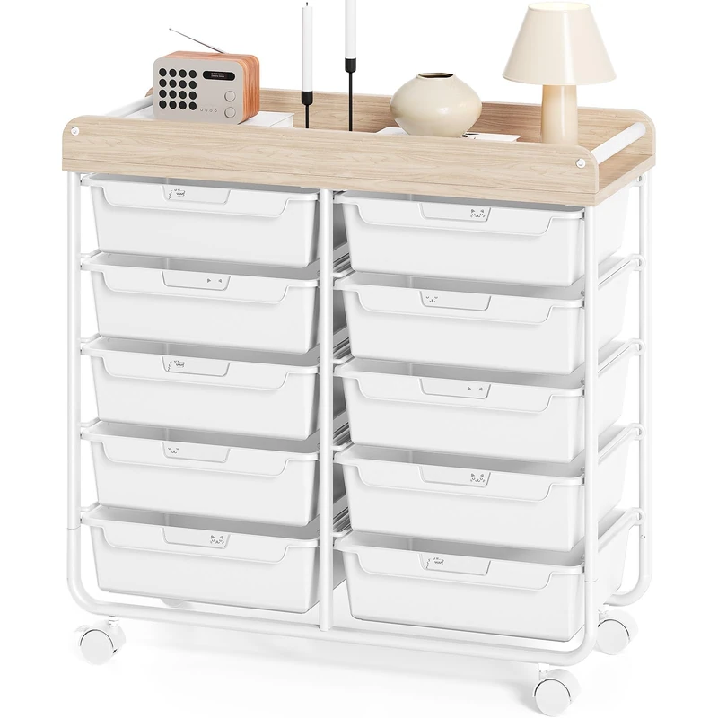 10 Drawers Rolling Cart with Wooden Tabletop, Utility Storage Cart with Wheels, Art Supply Craft Organizer on Wheel with Metal Frame & Handles for Home Office School (White)