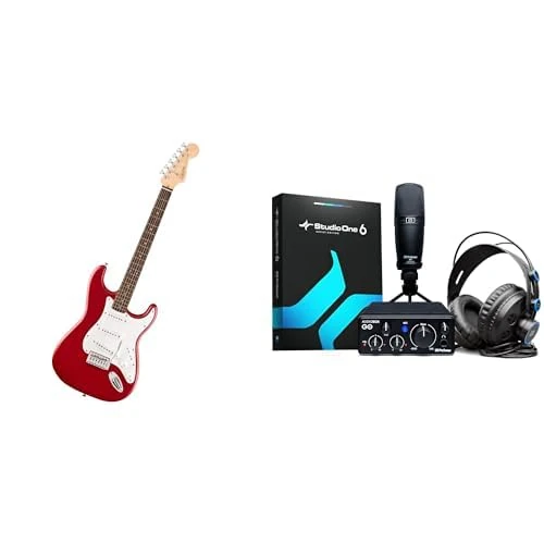 Squier by Fender Debut Stratocaster Guitar Recording Bundle, Dakota Red, with PreSonus AudioBox GO Creator bundle (Audio Interface, Microphone, Heaphones and Software)