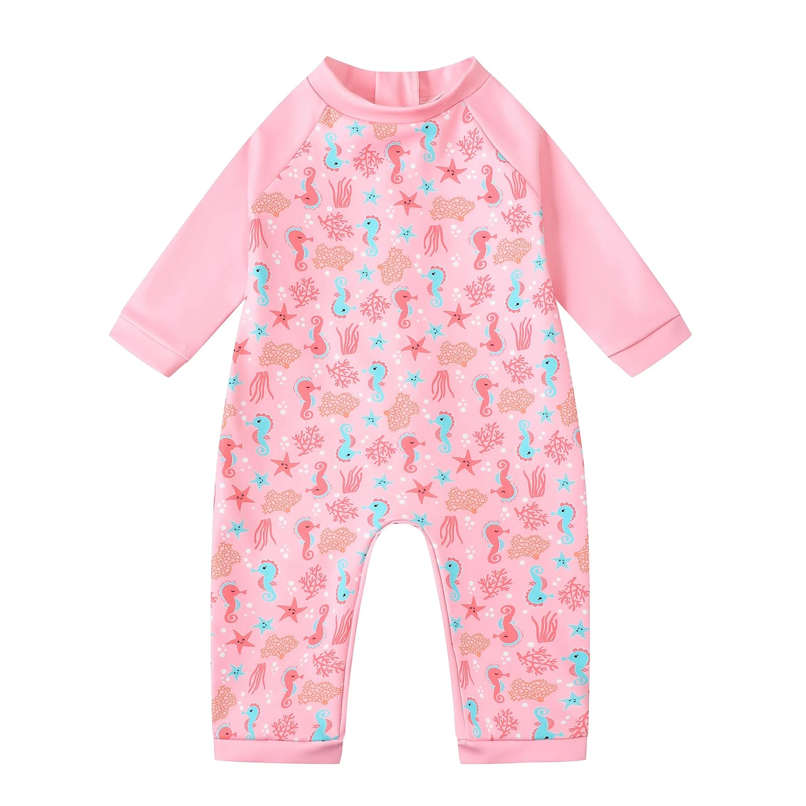 Ewbob Baby Swimming Warm Suit Girls Swimming Costume Long Sleeve Sun Protection Rash Guard Zipper Toddler Girls One Piece Swimsuit Bathing Suits Wetsuit(C12-008)-Pink Seahors-12-24M