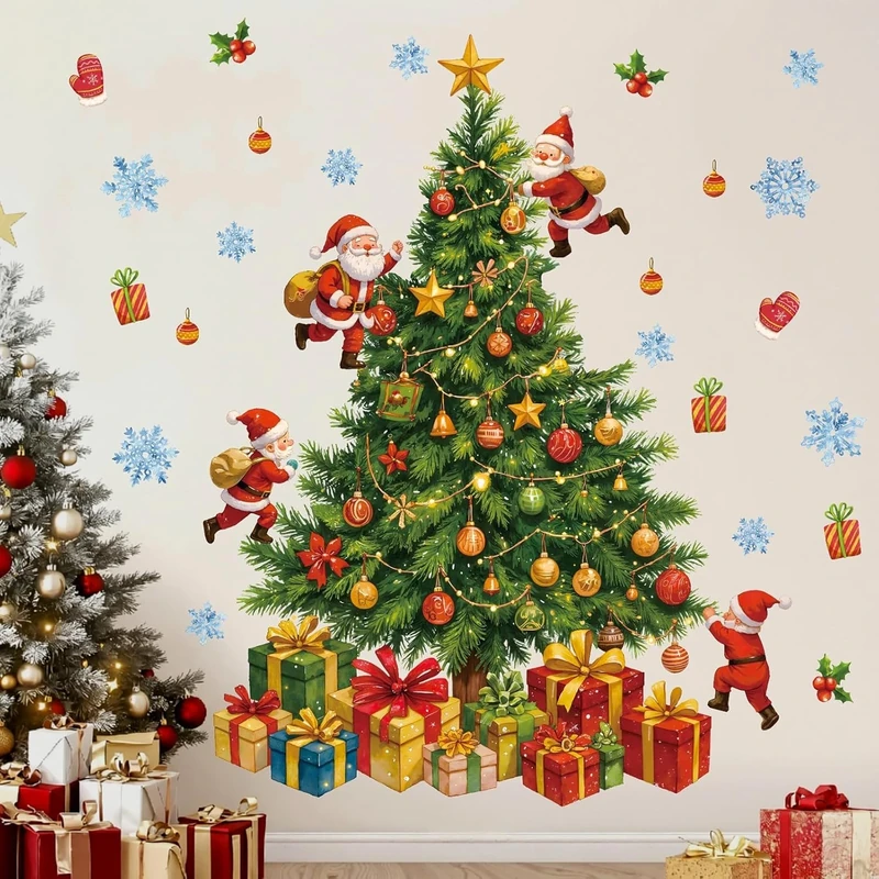 HPNIUB Large Christmas Tree Wall Stickers,Christmas Tree Wall Decals Santa Claus,Funny Santa Claus Window Clings Xmas Gift,Winter Snow Snowflake Window Sticker Xmas for Glass Party Home Living Room
