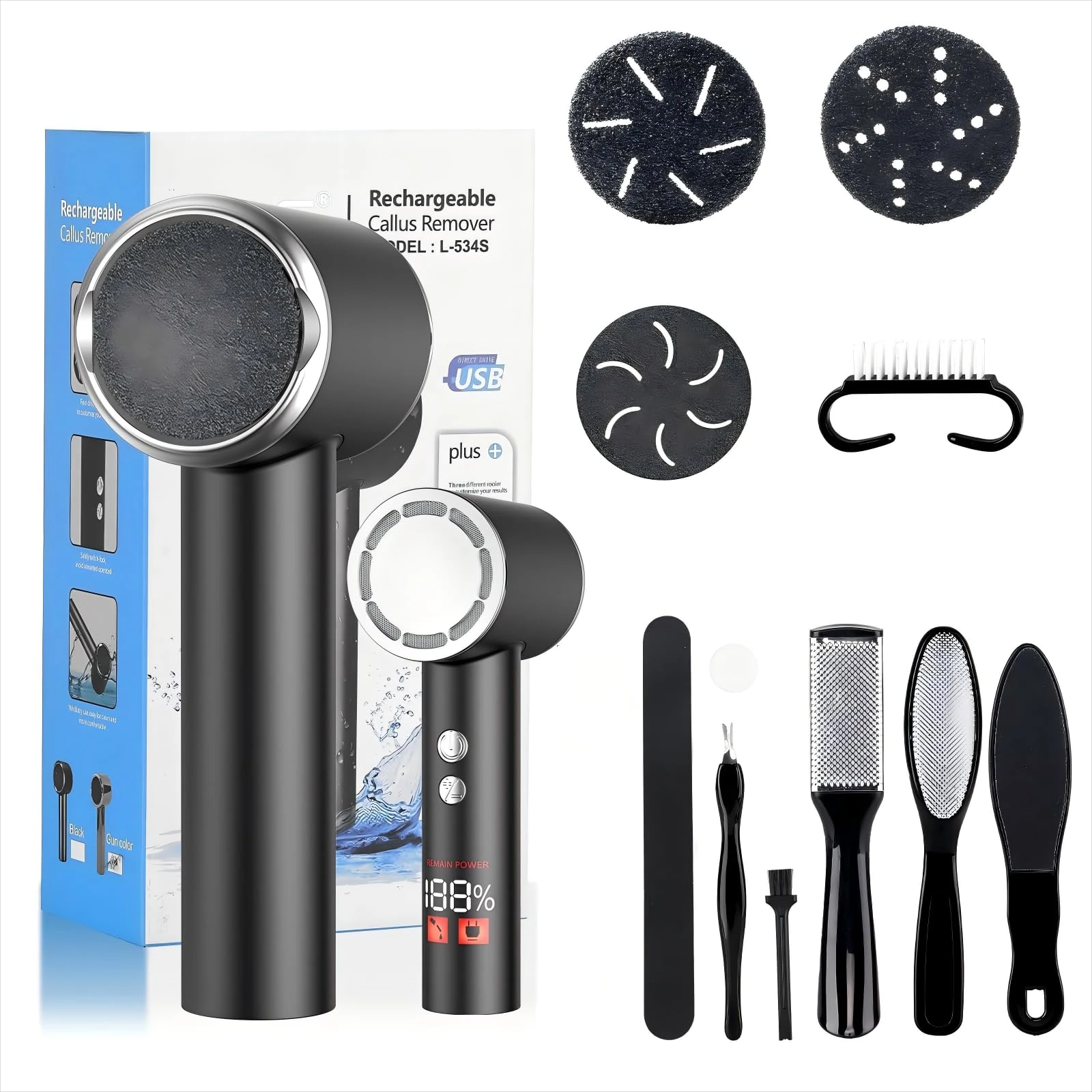 PKBD Electric Foot File for Hard Skin Remover,Pedicure Sets for Feet with 14 Accessories, Rechargeable Waterproof Electric Foot File with 3 Different Rooler Heads-Black