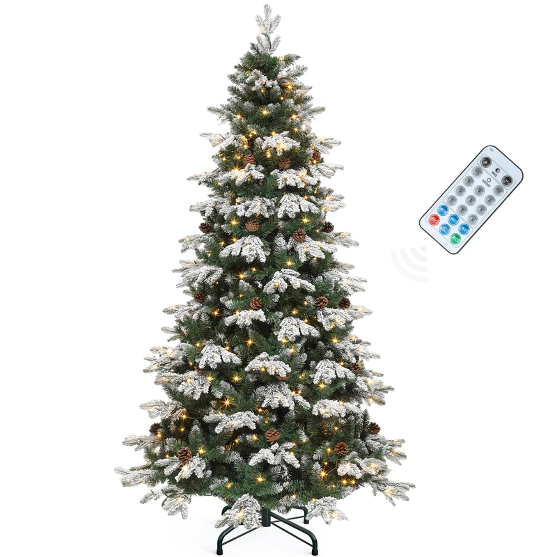 YITAHOME 6ft Artificial Christmas Tree with Lighting & Remote Control, Pre-Decorated with 29 Cones & 900 PE/PVC Tips, 11 Light Modes, 3 Timers - Adjustable & Flocked