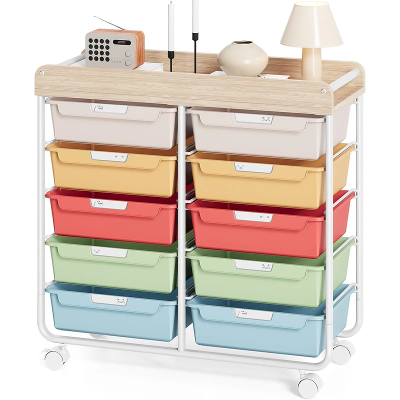 10 Drawers Rolling Cart with Wooden Tabletop, Utility Storage Cart with Wheels, Art Supply Craft Organizer on Wheel with Metal Frame & Handles for Home Office School,Colorful