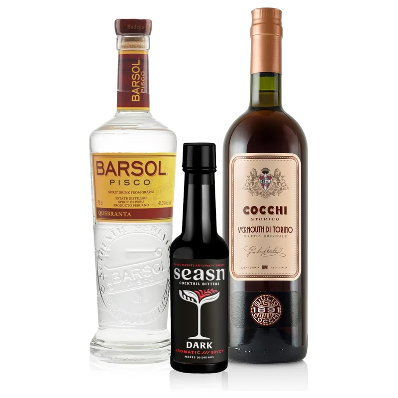 El Capitán Cocktail Bundle | seasn DARK cocktail bitters (15cl), Cocchi Storico Vermouth di Torino (75cl) and Barsol Quebranta Pisco (70cl)