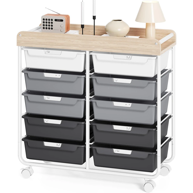 10 Drawers Rolling Cart with Wooden Tabletop, Utility Storage Cart with Wheels, Art Supply Craft Organizer on Wheel with Metal Frame & Handles for Home Office School,Grey