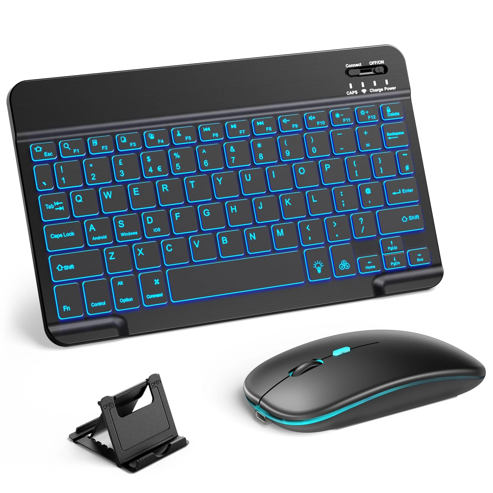 Vobafe Bluetooth Keyboard and Mouse Set with Backlight, Quiet Rechargeable Wireless Keyboard and Mouse with Phone Holder, for iPad/Samsung/iOS/Android/Windows, Ultra-thin keyboard, UK layout, Black