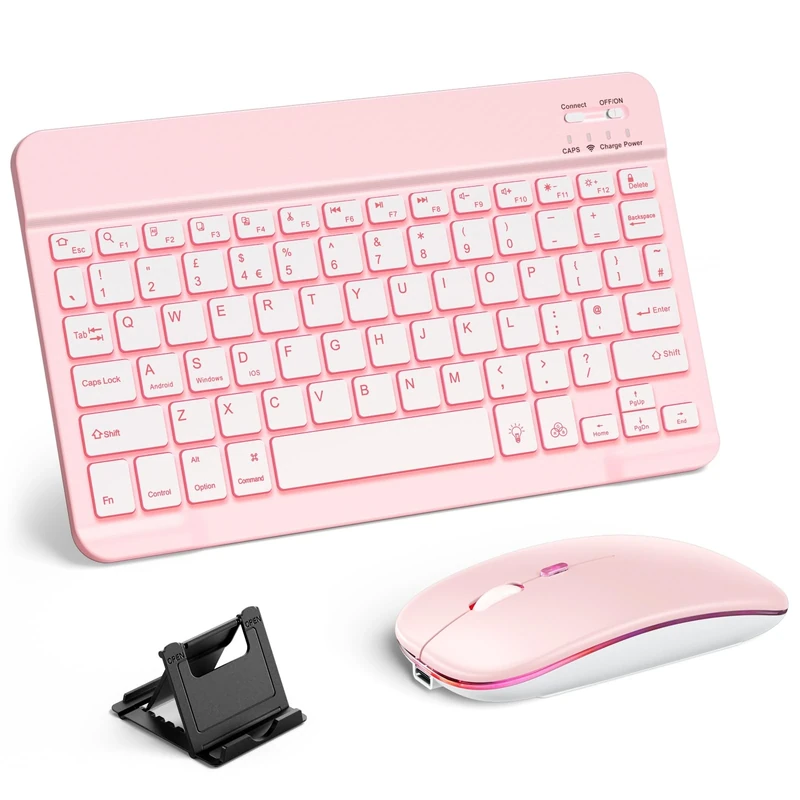 Vobafe Bluetooth Keyboard and Mouse Set with Backlight, Quiet Rechargeable Wireless Keyboard and Mouse with Phone Holder, for iPad/Samsung/iOS/Android/Windows, Ultra-thin keyboard, UK layout, Pink