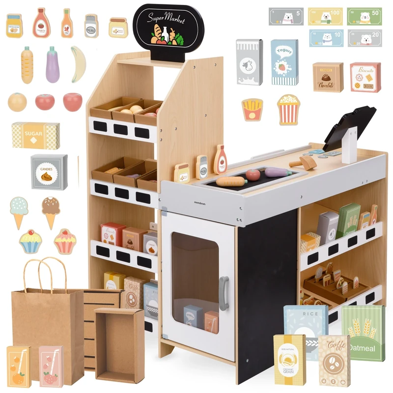Mamabrum Kids Grocery Store, Wooden Market Play Shop, Children 3+ Supermarket Playset with Accessories: Cash Register, Fruit, Vegetables, Cash, Credit Card, Kids Market Stall - Shop Counter