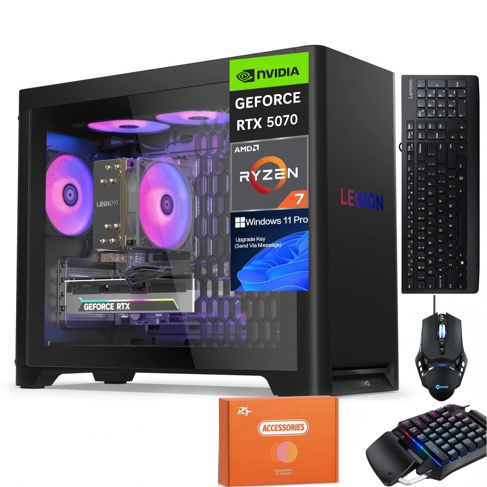 Lenovo Legion T5 Gen 10 Gaming Desktop Computer, AMD Ryzen 7 7700X(Up to 5.4GHz), NVIDIA RTX 5070 12GB GDDR7, 64 GB DDR5, 1 TB SSD, Wi-Fi 6E, Bluetooth, Windows 11 Pro, w/Gaming Mouse & Accessories