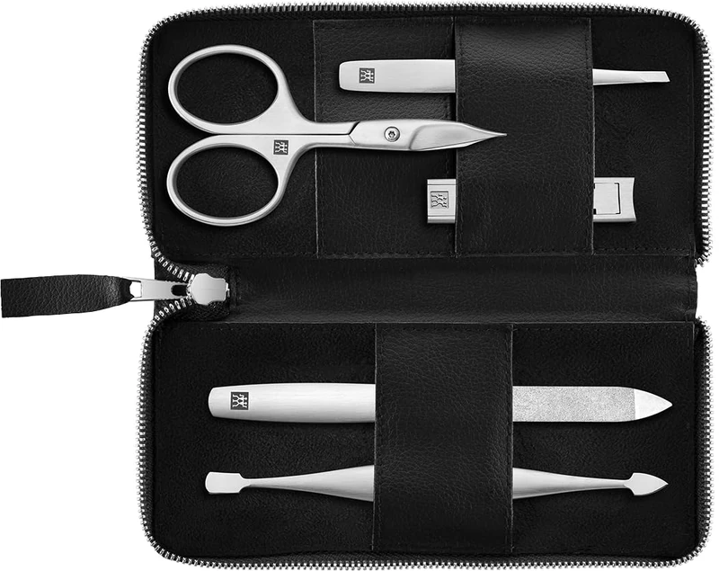 ZWILLING Manicure Pedicure Set 5pcs, Combination Nail Scissors, Vegan Apple Leather Case, Black