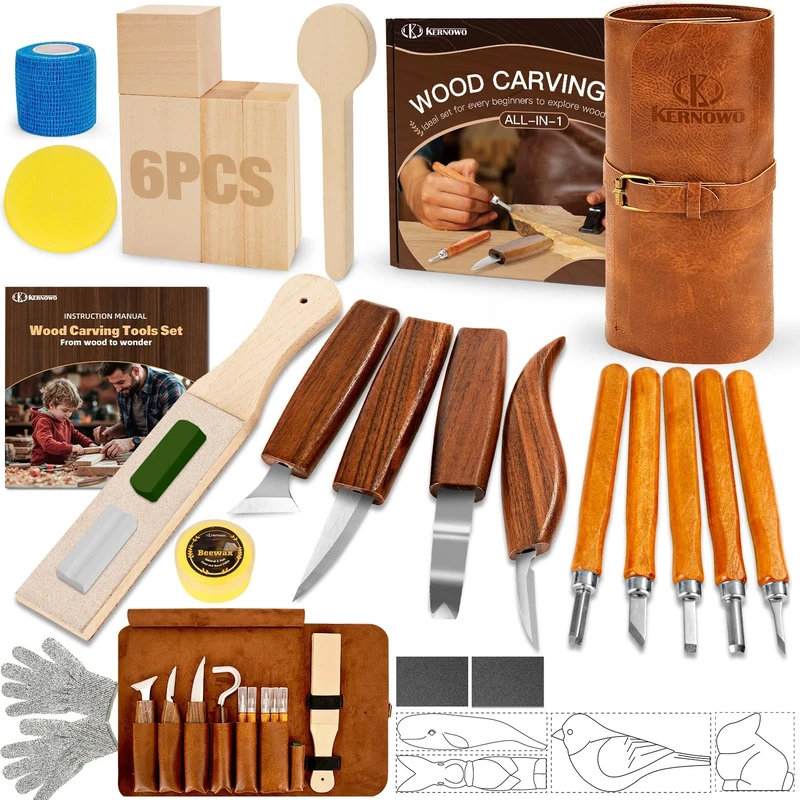 KERNOWO Woodworking Set, 32Pcs Wood Carving Kit with Deluxe PU Leather Case, Basswood Blocks for DIY Beginners and Enthusiasts, Gift Idea