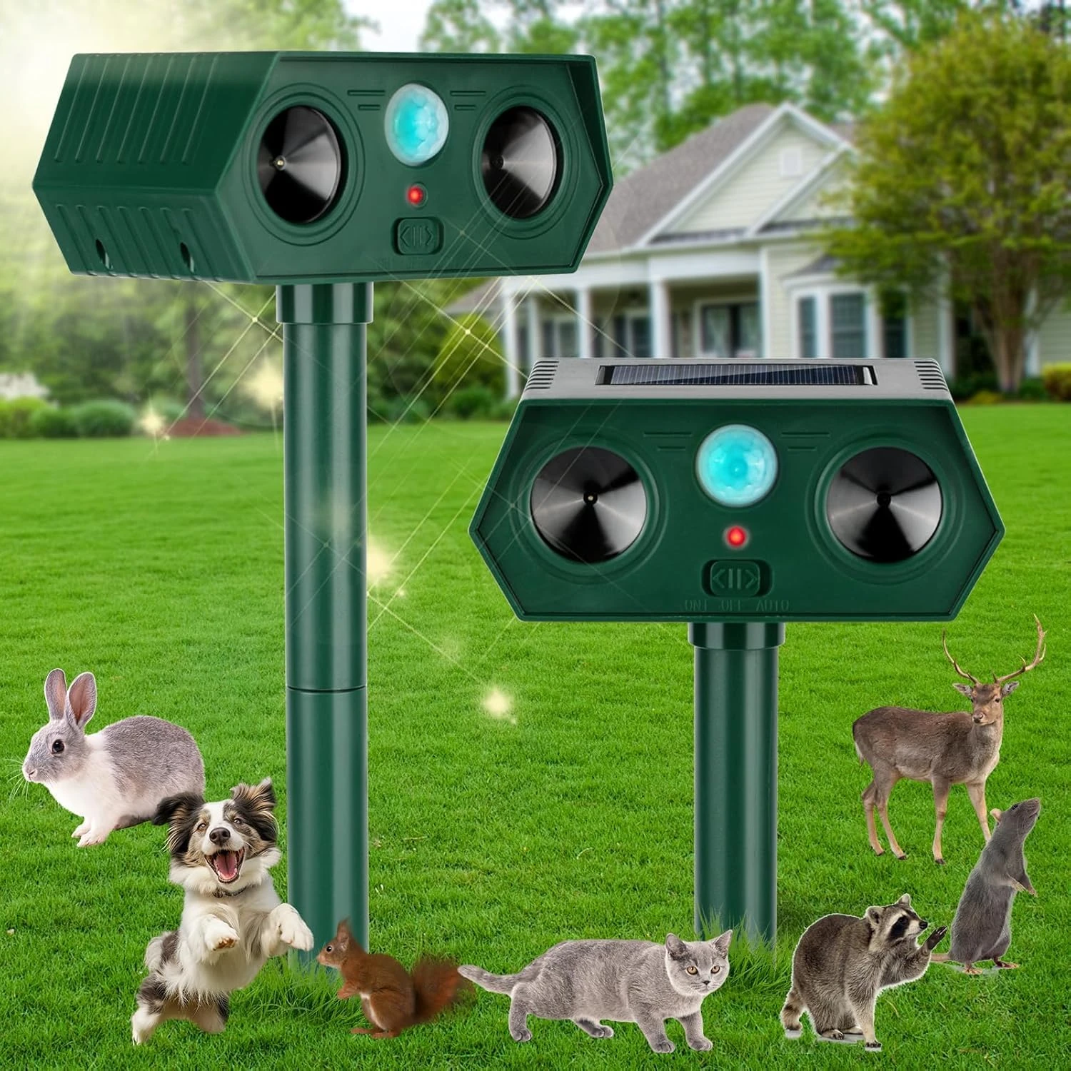 2pcs Cat Repellent for Gardens UK,Solar Powered Ultrasonic Fox Deterrent with Motion Detection,Cat Scarer Waterproof,with Motion Detection,Animal Repellent Effective for Squirrels Foxes Birds Pigeons