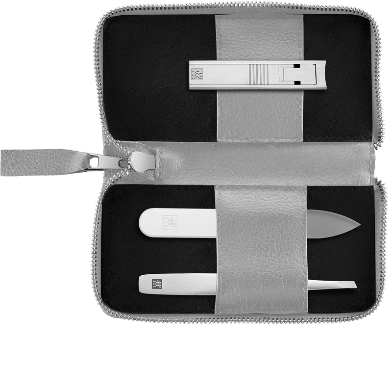 ZWILLING Manicure Pedicure Set 3-Piece Compact Nail Clippers Vegan Apple Leather Case Grey
