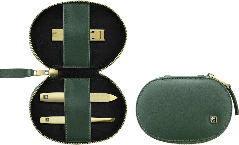 ZWILLING Manicure Pedicure Set 3-Piece Compact Nail Clippers Vegan Apple Leather Case Green