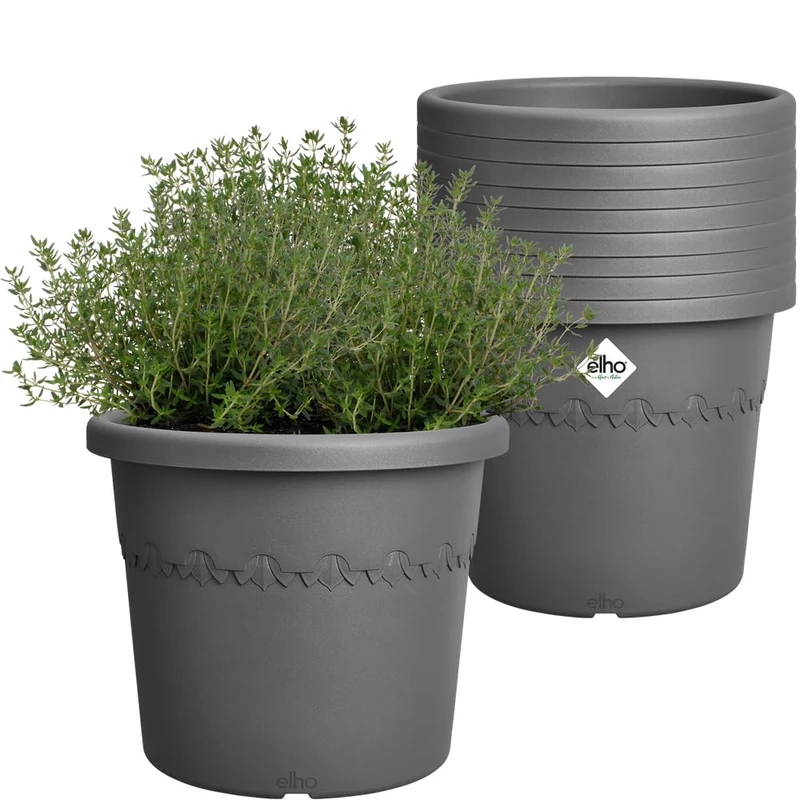elho Algarve Cilindro 25 - Flowerpots for Outdoor - 100% Recycled Plastic - Set of 10 - Ø 24.5 x H 20.5 cm - Black/Anthracite