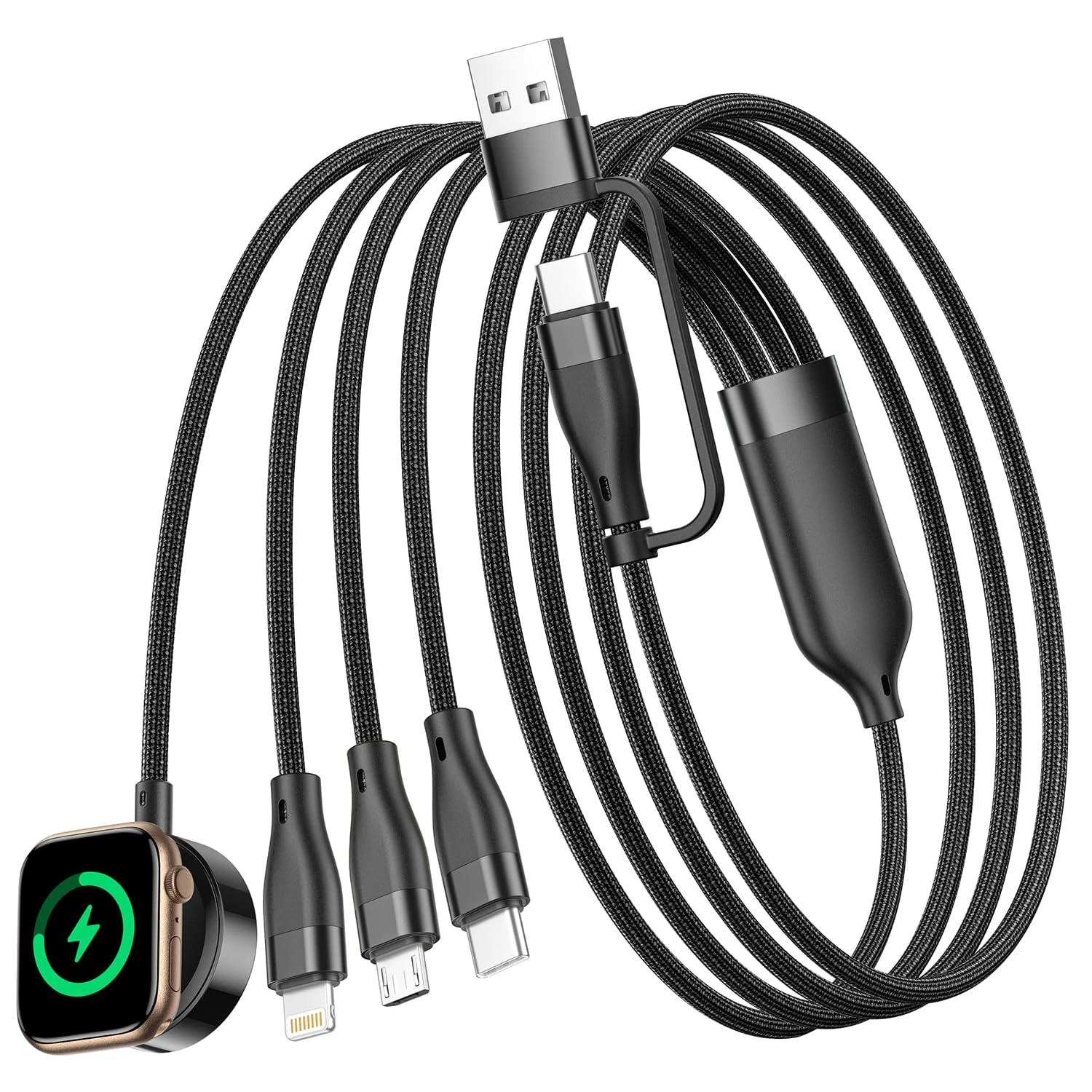 4 in 2 Multi Charger Cable for Apple Watch and iPhone, 1.2M USB A/C to iPhone Lightning Cable/Micro USB/iWatch Charger/Type C Charging cable Cord for Apple iWatch Ultra/SE/1-11/iPhone 6-17/iPad/Galaxy