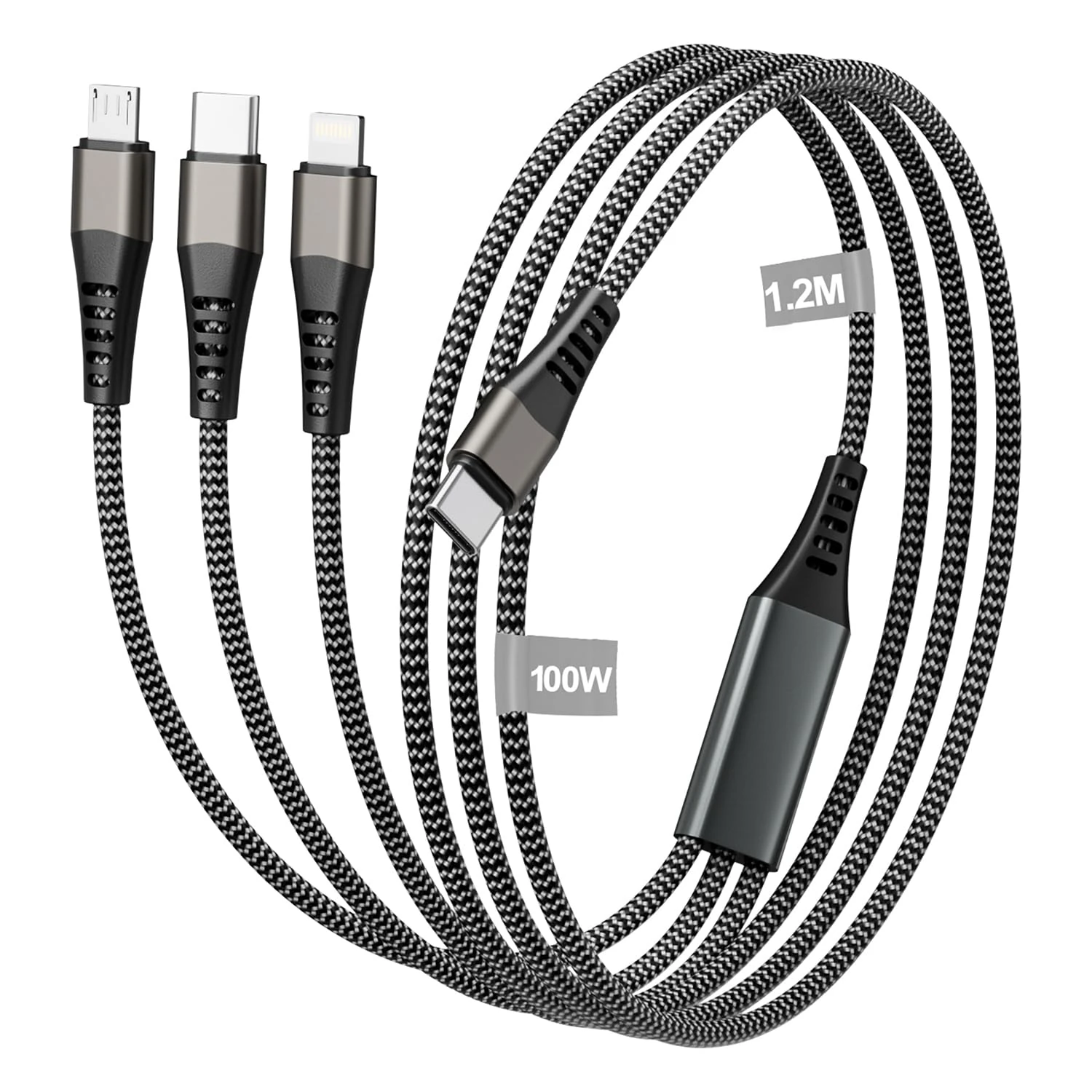 100W USB C Multi Charger Cable [1.2M], 3 in 1 Fast Charging Cable Nylon Braided Phone Charger Cables USB C PD [100W]+Lightning[27W]+Micro[10W] for Galaxy S24/S23, iPhone 17/16/15/14/13,iPad Pro/Air