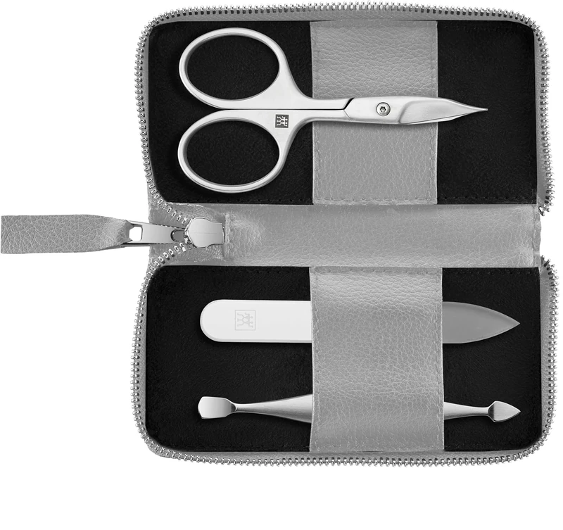 ZWILLING Manicure and Pedicure Set 3-Piece Combination Nail Scissors Vegan Apple Leather Case Grey