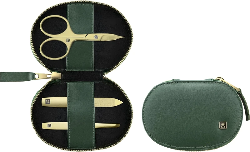 ZWILLING Manicure and Pedicure Set 3-Piece Combination Nail Scissors Vegan Apple Leather Case Green